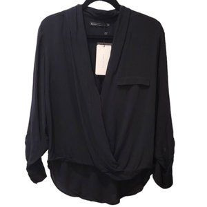 NWT ZARA - Sexy Black Deep V Faux Crossover Long Sleeve Silky Blouse Top  Size M